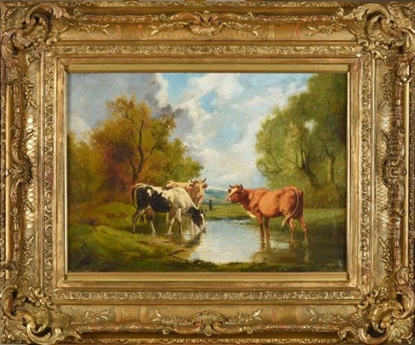 Vaches S'abreuvant Dans Une Mare Oil Painting by Theodore Levigne