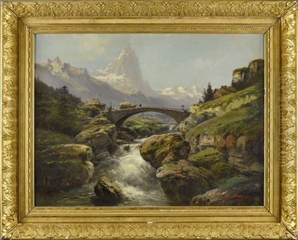 Pont De Pierre Et Torrent De Montagne Oil Painting by Theodore Levigne