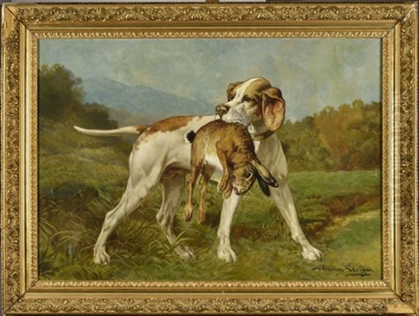 Chien De Chasse Tenant Un Lievre Dans Sa Gueule Oil Painting by Theodore Levigne