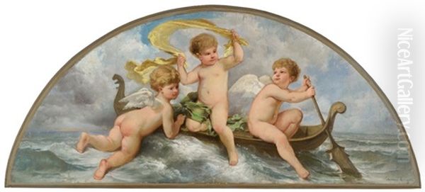 Trois Amours Sur Une Barque Oil Painting by Theodore Levigne