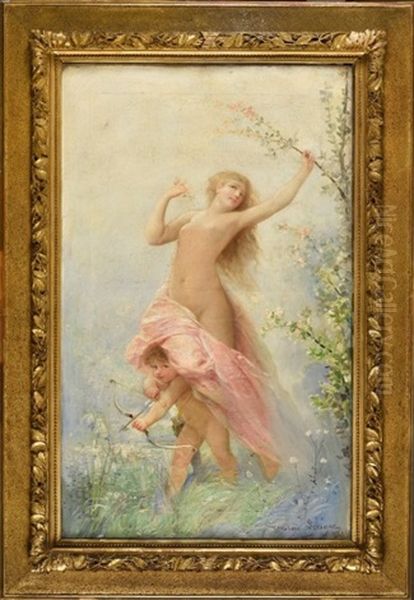 Venus Sur Un Amour Tirant Sa Fleche Oil Painting by Theodore Levigne