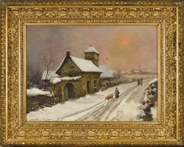 Relais De Poste Sous La Neige Oil Painting by Theodore Levigne