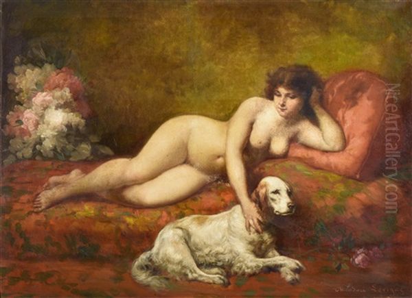 Odalisque Au Chien Oil Painting by Theodore Levigne