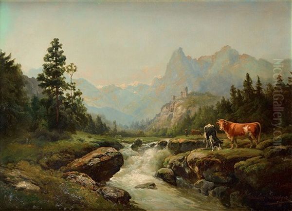 Troupeau En Bord De Torrent Oil Painting by Theodore Levigne