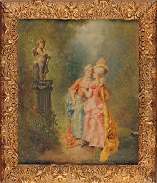 Jeunes Femmes Admirant Un Amour Oil Painting by Theodore Levigne