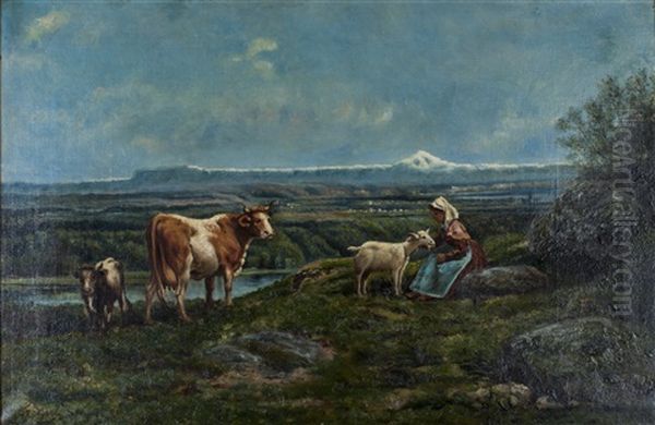 Bergere Et Animaux Oil Painting by Theodore Levigne