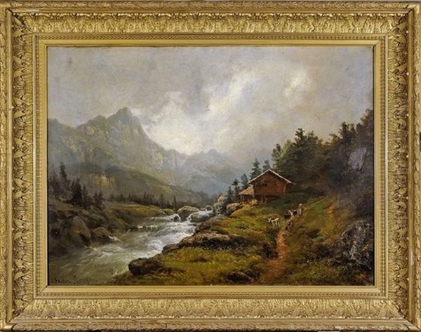 Chevres Et Paysanne Au Bord Du Torrent De Montagne Oil Painting by Theodore Levigne