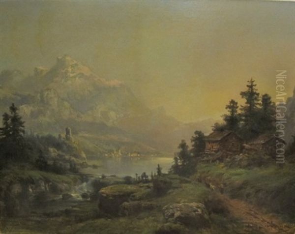 Paysage Lacustre Au Pied Des Alpes Oil Painting by Theodore Levigne