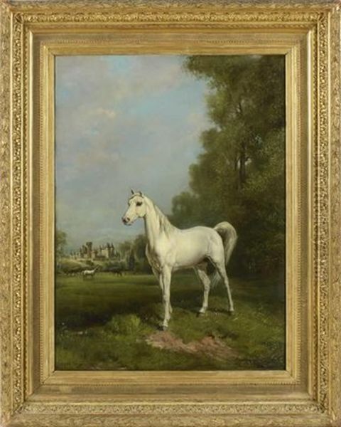 Portrait De Cheval Au Pre Devant Un Chateau Oil Painting by Theodore Levigne