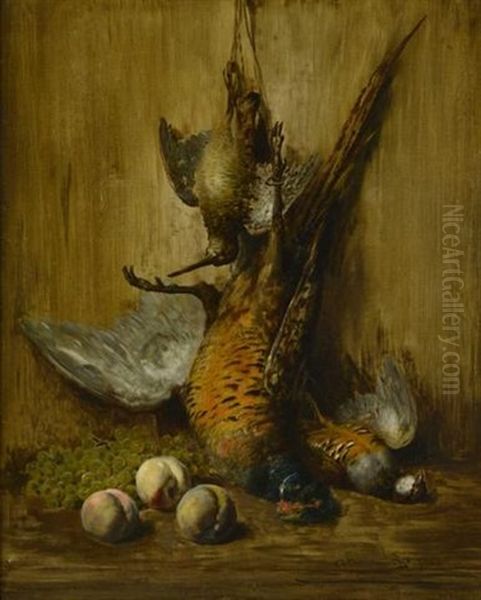 Nature Morte Au Coq Faisan, Becasse, Perdrix, Peches Et Raisin Oil Painting by Theodore Levigne