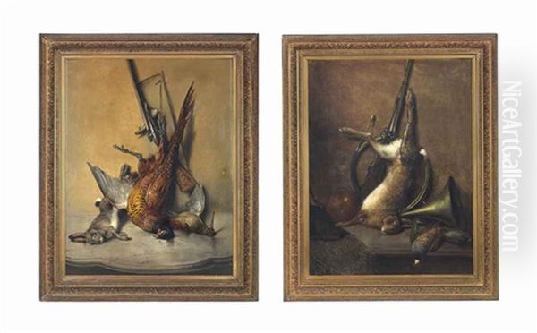 A Pheasant, A Hare And A Snipe On A Marble Topped Table; A Hare And A Hunting Horn On A Ledge (2 Works) Oil Painting by Theodore Levigne