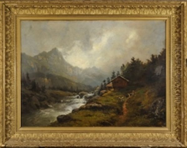 Chevres Et Paysanne Au Bord Du Torrent De Montagne Oil Painting by Theodore Levigne