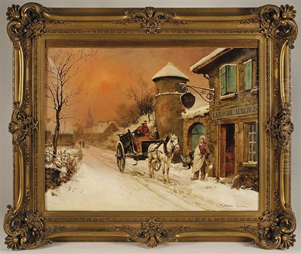 L'auberge Du Pere Laroche Sous La Neige by Theodore Levigne