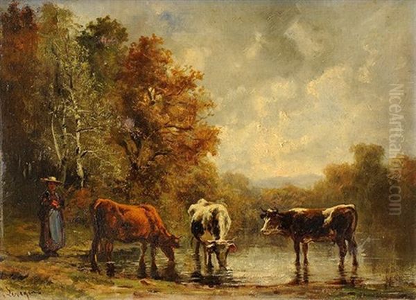 Paysanne Et Ses Vaches Oil Painting by Theodore Levigne