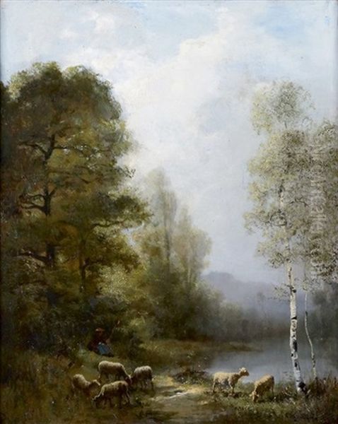 Berger Et Son Troupeau De Moutons Oil Painting by Theodore Levigne