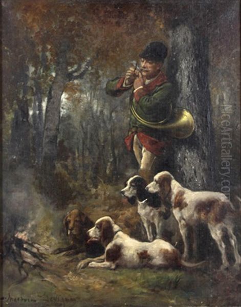 Jager Mit Horn Bei Der Rast, Vor Ihm Seine Hunde Oil Painting by Theodore Levigne