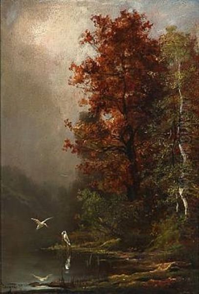 Autumn Forest Lake With Two Storks Oil Painting by Theodore Levigne