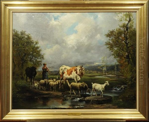 Le Passage Du Gue, Vache, Moutons Et Chevres Oil Painting by Theodore Levigne