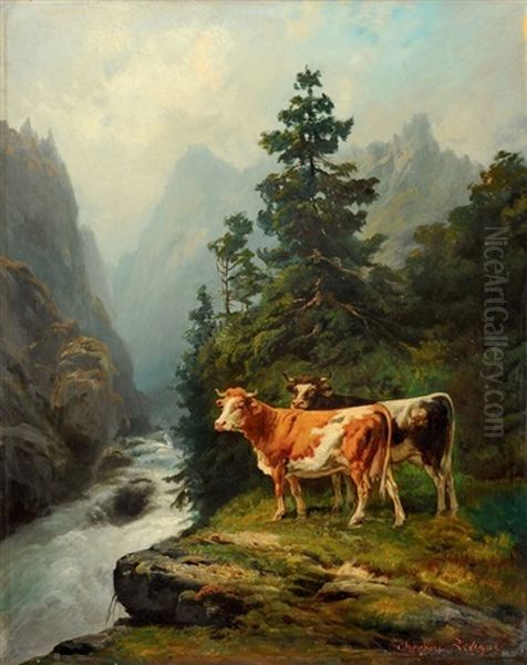 Vaches Pres D'une Riviere Oil Painting by Theodore Levigne