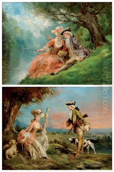 Peche Galante Chasseur Et Bergere (pair) Oil Painting by Theodore Levigne