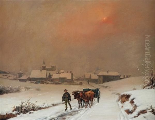 Paysage Animee Sous La Neige Oil Painting by Theodore Levigne