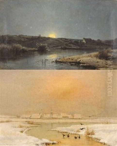 Coucher De Soleil (+ Paysage De Neige; 2 Works) Oil Painting by Theodore Levigne