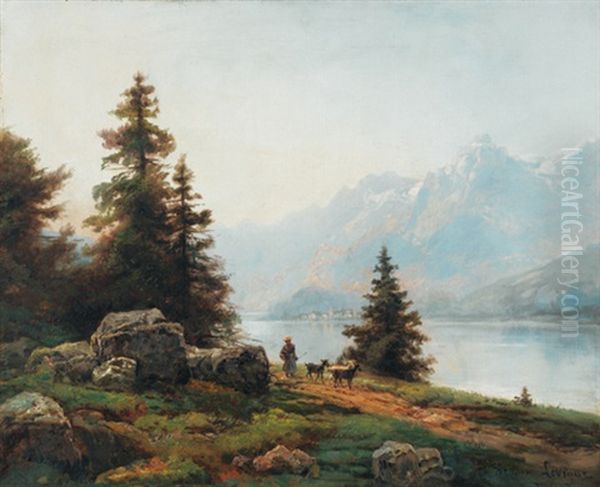 Schaferin Mit Ziegen Am Seeufer Oil Painting by Theodore Levigne