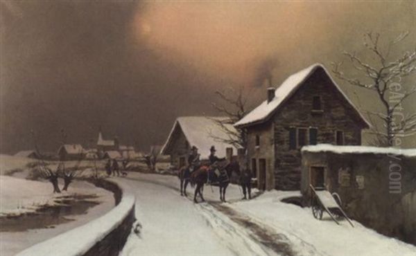 Deux Gendarmes A Cheval Conversant Avec Un Garde Forestier Dans Un Hameau Sous La Neige Oil Painting by Theodore Levigne