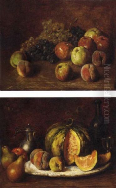 Grapes On The Vine, Apples And Peaches, On A Ledge Oil Painting by Theodore Levigne