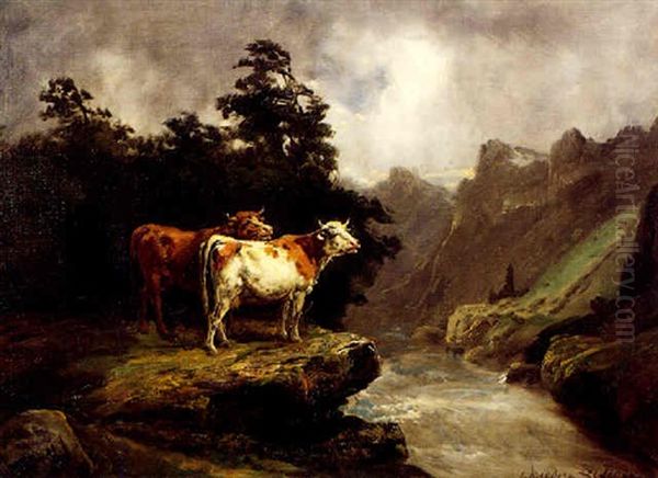 Paysage Aux Vaches Oil Painting by Theodore Levigne