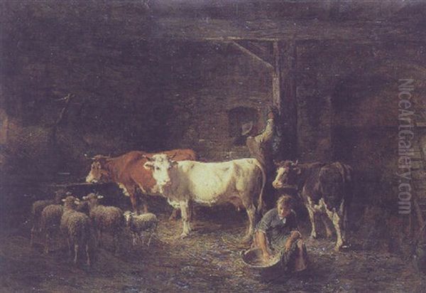 Staldinterior Med Ung Pige, Der Fodrer Koer Og Far Oil Painting by Theodore Levigne