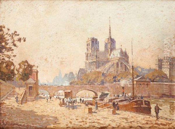 Quai De Paris Anime Sur Fond De Notre-dame Oil Painting by Sophus Theobald Levinsen