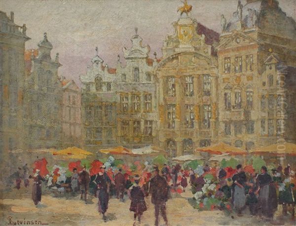 Market Scene Oil Painting by Sophus Theobald Levinsen