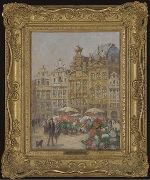 The Flower Stall, The Grand Place, Brussels Oil Painting by Sophus Theobald Levinsen