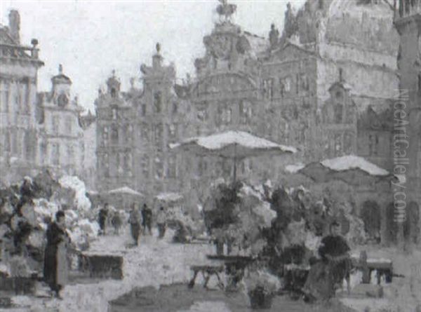 Flower Market Oil Painting by Sophus Theobald Levinsen