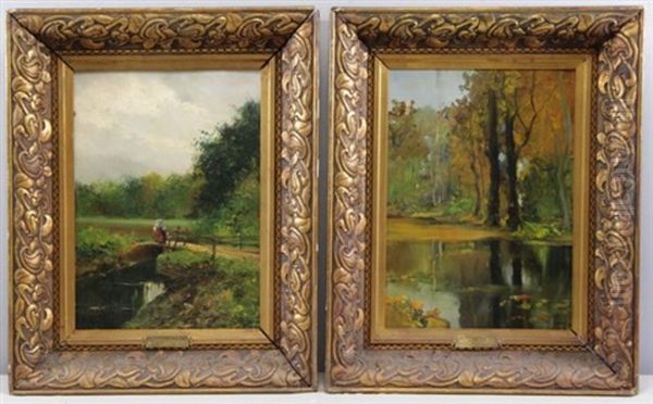 Boschi S. Maria Racconigi; Specchio D'acqua (pair) Oil Painting by Giuseppe Augusto Levis