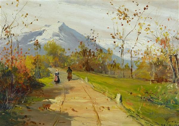 Wanderer In Gebirgslandschaft Oil Painting by Giuseppe Augusto Levis