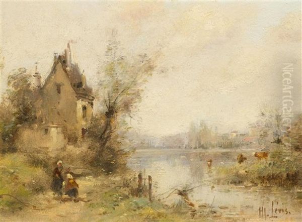 Small River Landscape With Figures Oil Painting by Maurice Levis