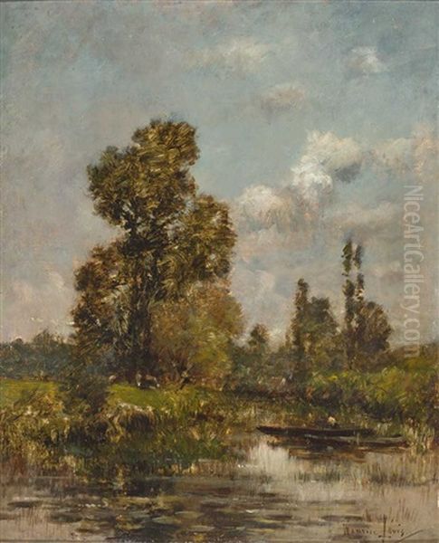 Fruhlingslandschaft Mit Flusslauf, Fischerboot, Gehoft Unter Baumen Und Weidendem Vieh Oil Painting by Maurice Levis