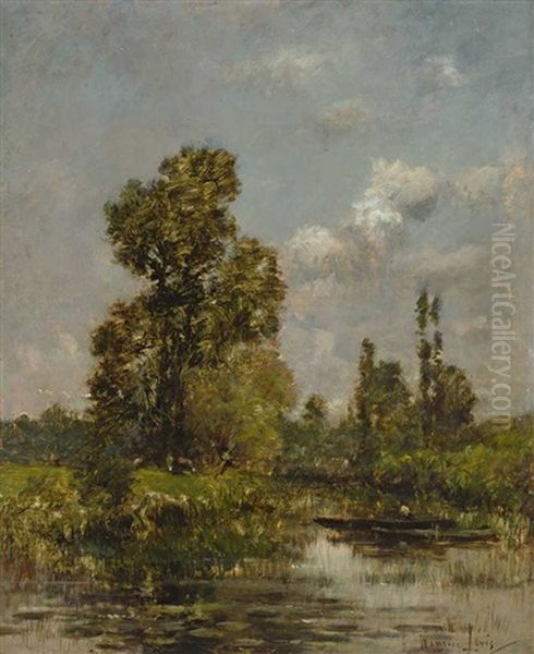 Fruhlingslandschaft Mit Flusslauf, Fischerboot, Gehoft Unter Baumen Und Weidendem Vieh Oil Painting by Maurice Levis