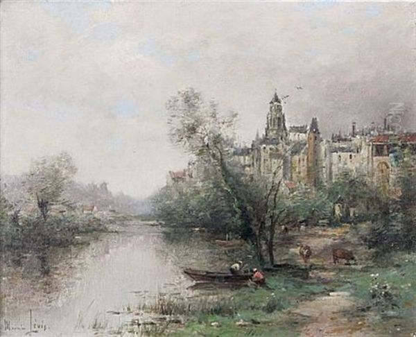 A Punt On The Seine, With A Town Beyond (+ On The Seine; Pair) Oil Painting by Maurice Levis