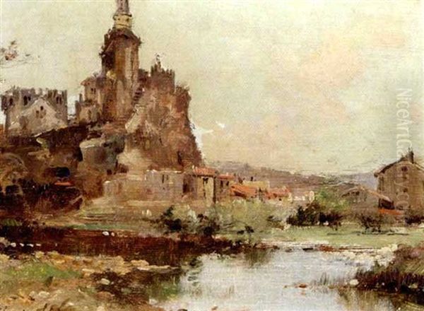 Hojtliggende Kirke I En Landsby Ved En Flod Oil Painting by Maurice Levis