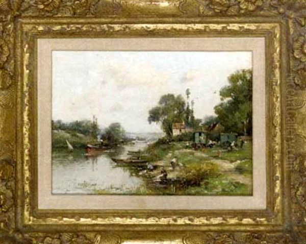 A Gypsy Encampment (+ Boats On A River; Pair) Oil Painting by Maurice Levis