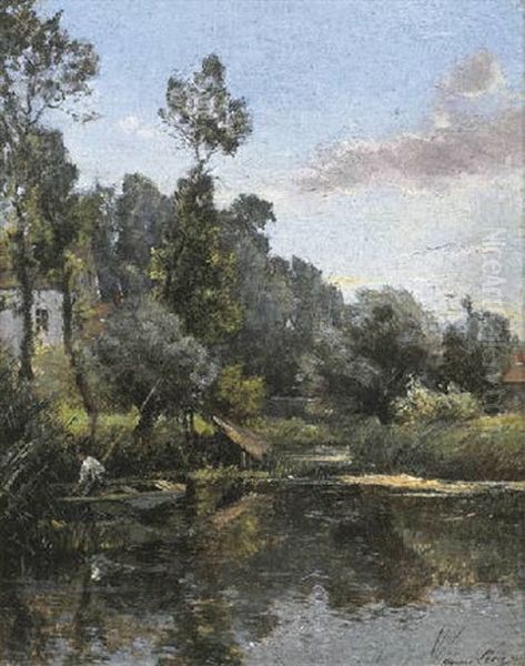 A Punt Near The Riverbank Oil Painting by Maurice Levis