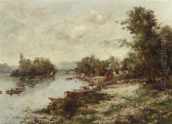 La Seine A Courbevoie Oil Painting by Maurice Levis