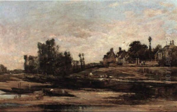 Figures By A River Before A Town Oil Painting by Maurice Levis