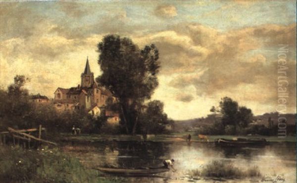 Figure In A Punt On A River With View Of Village Beyond Oil Painting by Maurice Levis