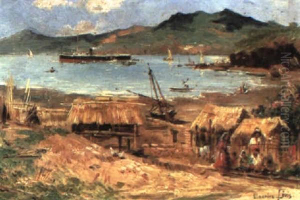 French Ship At Anchor Before A Native Village Oil Painting by Maurice Levis