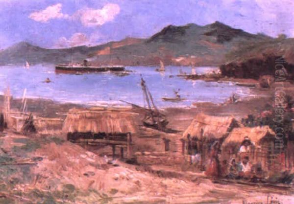 French Ship At Anchor Before A Native Village Oil Painting by Maurice Levis