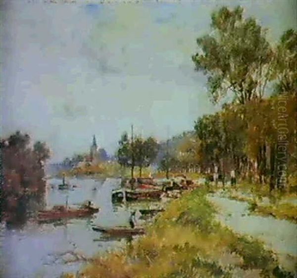 Le Clocher De St. Die, Vosges & Un Mouillage Au  Bord De La Riviere Oil Painting by Maurice Levis